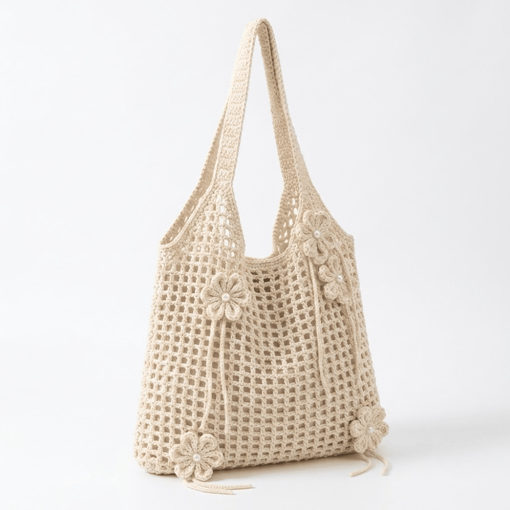 Handmade Floral Crochet Tote – Boho Knit Shoulder Bag for Summer & Travel