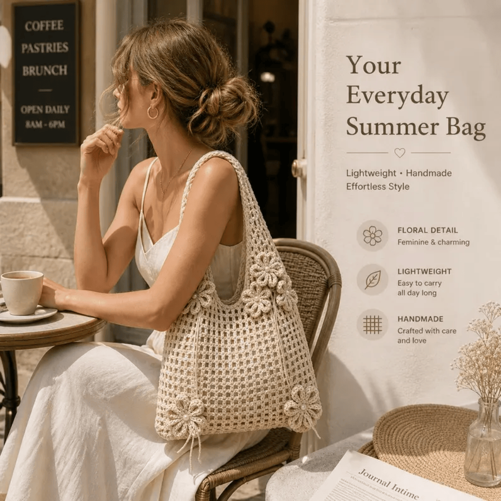 Handmade Floral Crochet Tote – Boho Knit Shoulder Bag for Summer & Travel