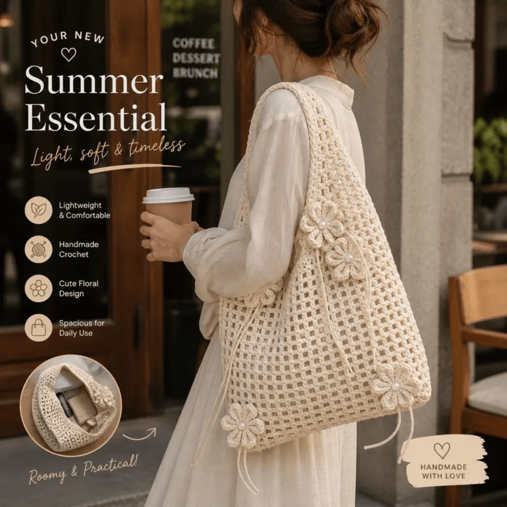 Handmade Floral Crochet Tote – Boho Knit Shoulder Bag for Summer & Travel