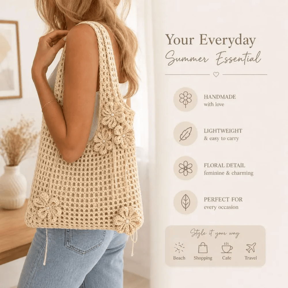 Handmade Floral Crochet Tote – Boho Knit Shoulder Bag for Summer & Travel
