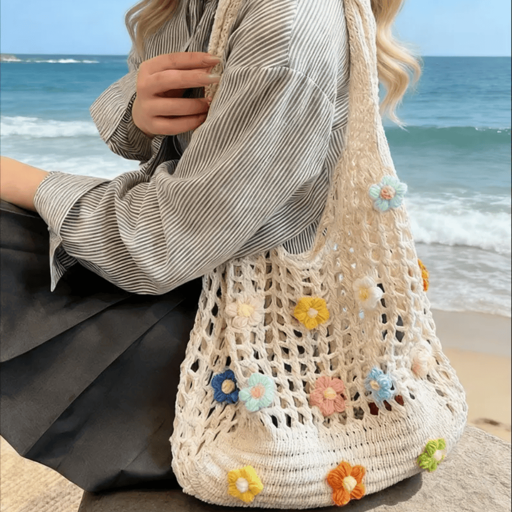 3D Floral Crochet Tote – Handmade Oversized Boho Tote Bag for Beach & Vacation