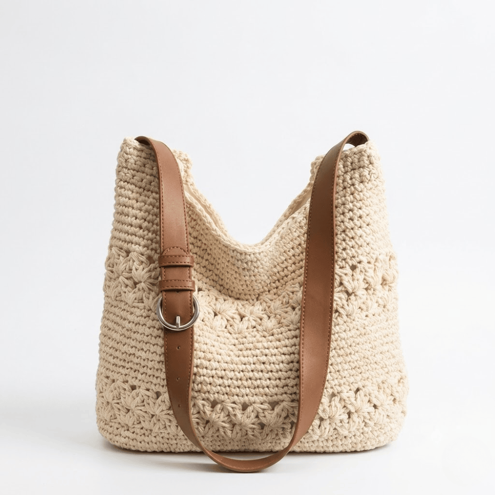 Handmade Boho Crochet Shoulder Bag – Knit Beach Tote with Adjustable Vegan Leather Strap