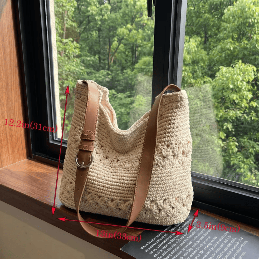 Handmade Boho Crochet Shoulder Bag – Knit Beach Tote with Adjustable Vegan Leather Strap