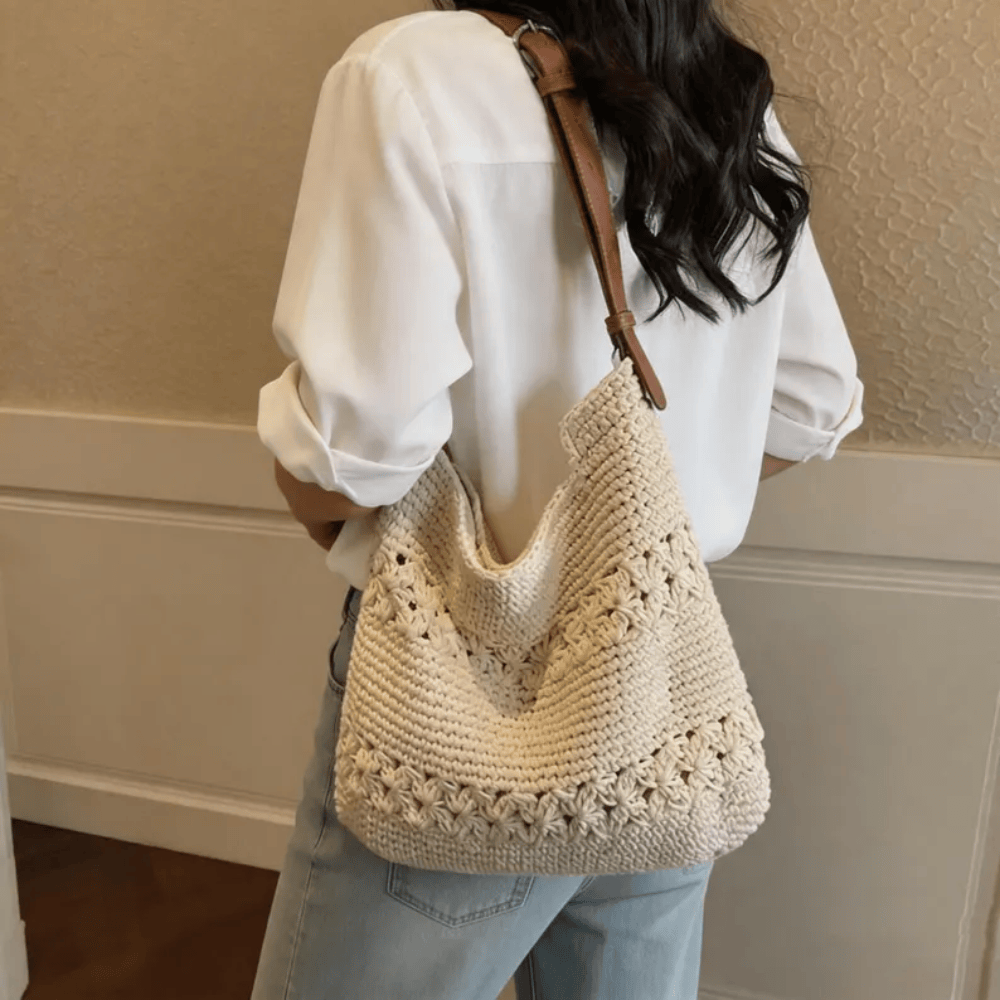 Handmade Boho Crochet Shoulder Bag – Knit Beach Tote with Adjustable Vegan Leather Strap