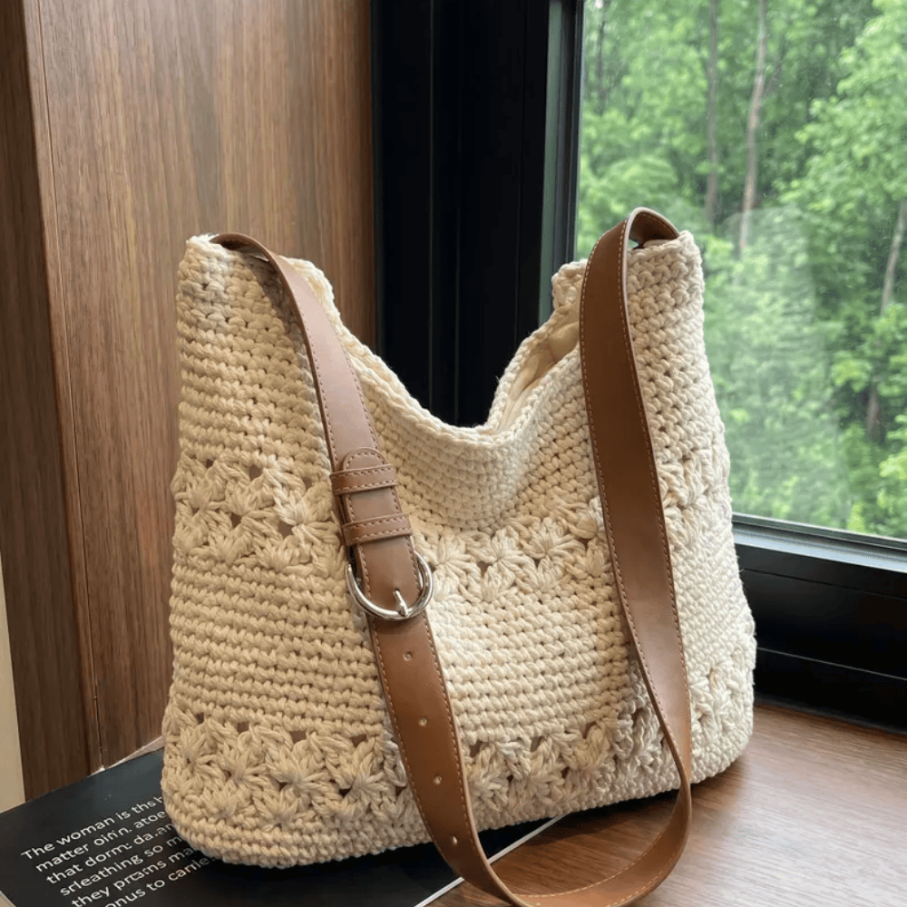 Handmade Boho Crochet Shoulder Bag – Knit Beach Tote with Adjustable Vegan Leather Strap