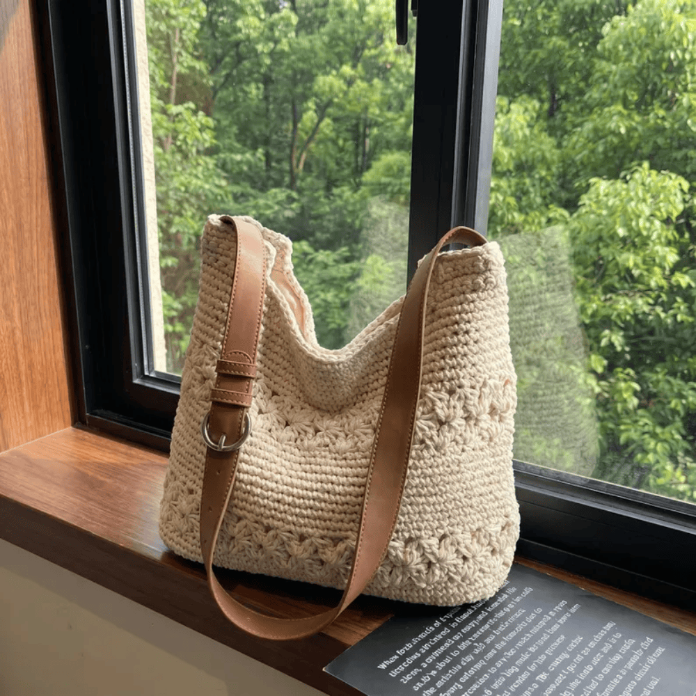 Handmade Boho Crochet Shoulder Bag – Knit Beach Tote with Adjustable Vegan Leather Strap