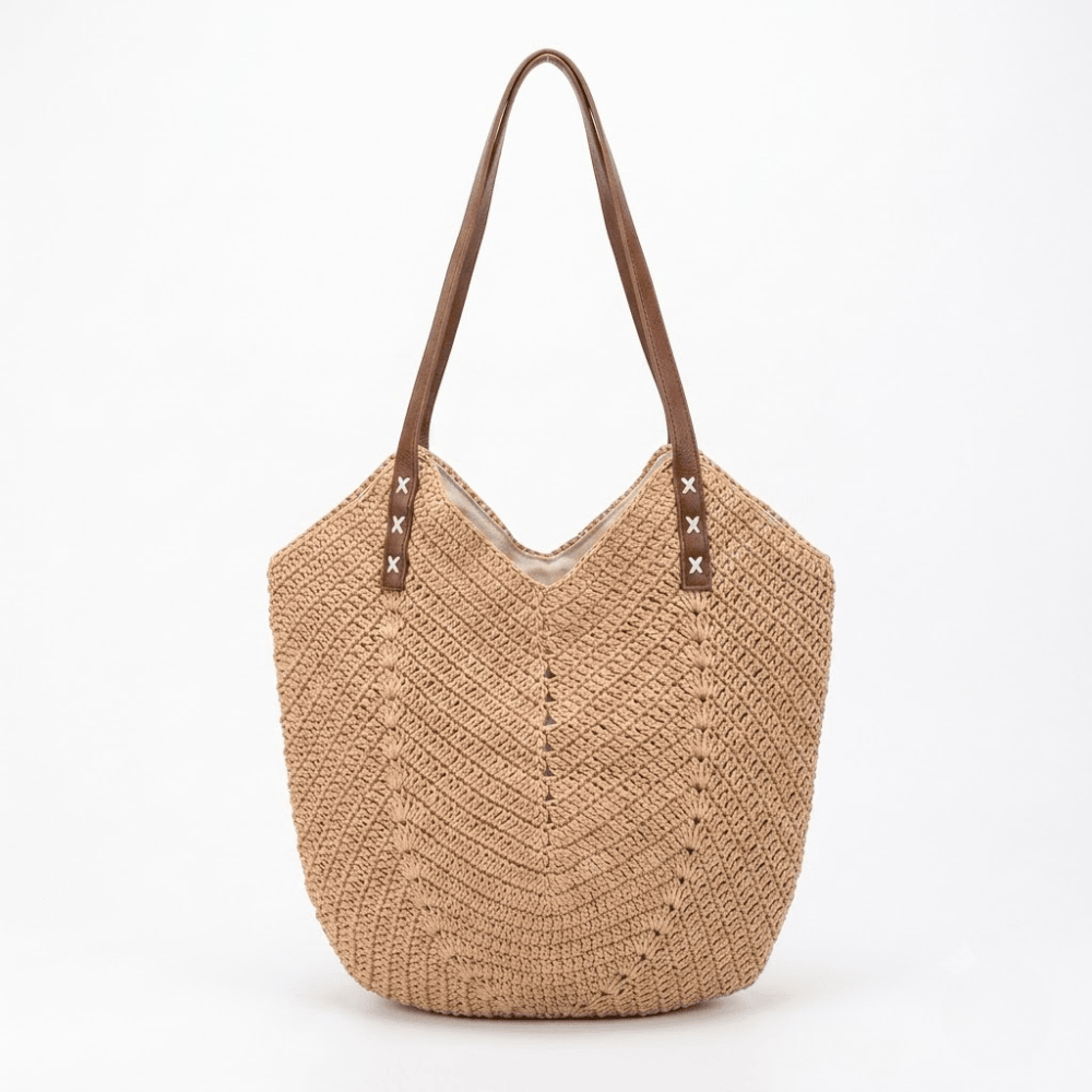 Retro Cotton Knitted Shoulder Bag – Handmade Boho Tote with Premium Leather Handles
