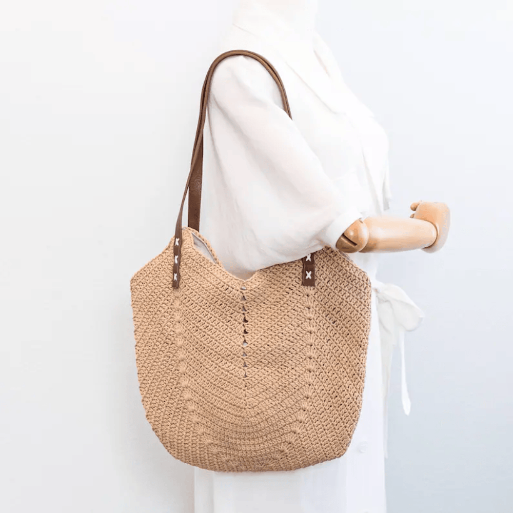 Retro Cotton Knitted Shoulder Bag – Handmade Boho Tote with Premium Leather Handles
