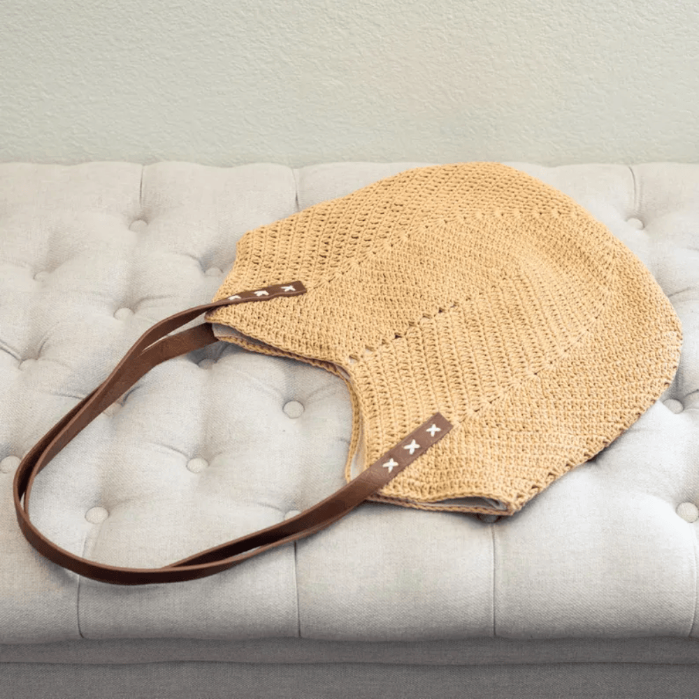 Retro Cotton Knitted Shoulder Bag – Handmade Boho Tote with Premium Leather Handles