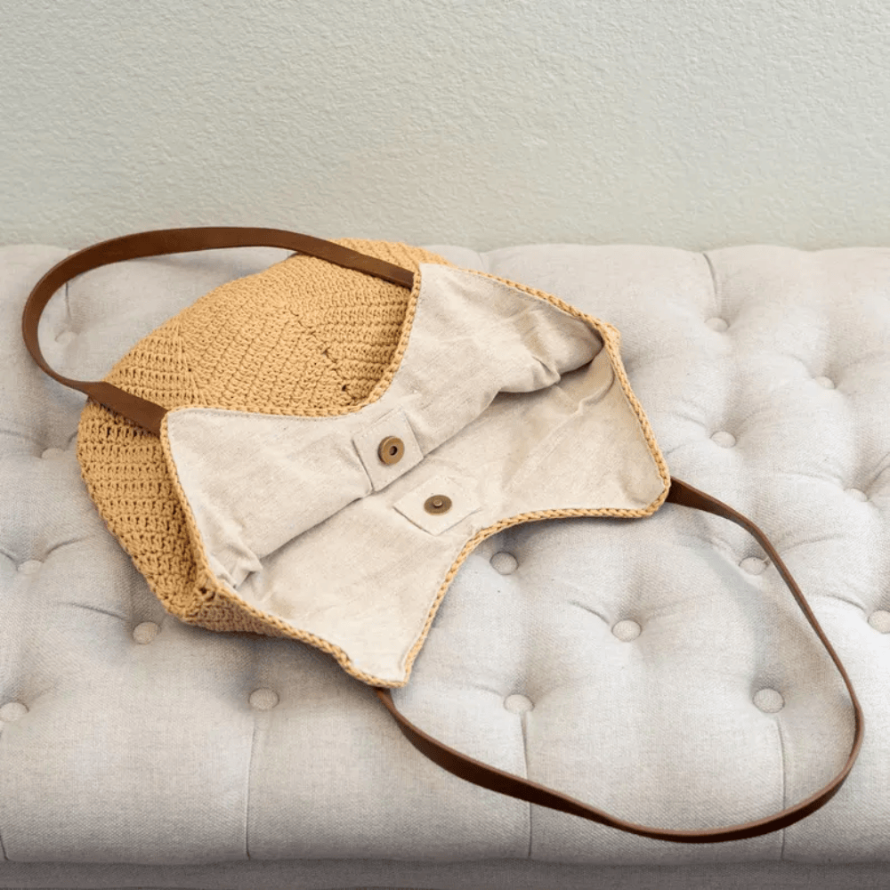 Retro Cotton Knitted Shoulder Bag – Handmade Boho Tote with Premium Leather Handles