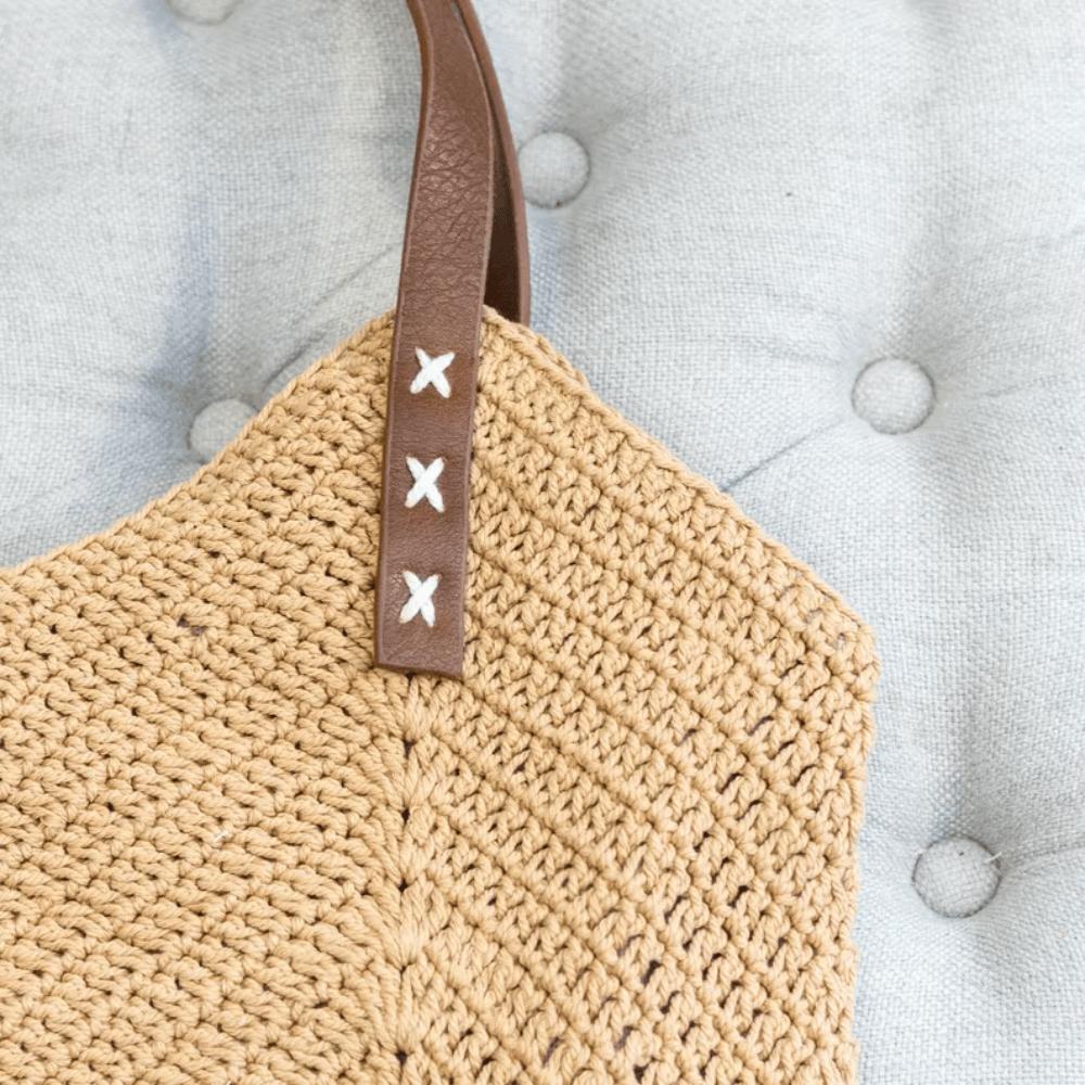 Retro Cotton Knitted Shoulder Bag – Handmade Boho Tote with Premium Leather Handles