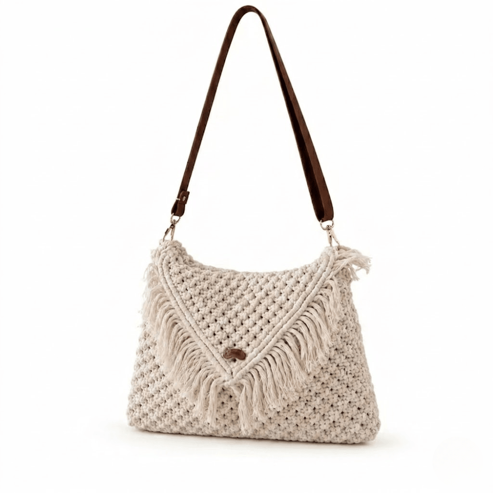 Handmade Macrame Shoulder Bag – Boho Fringe Crossbody Purse
