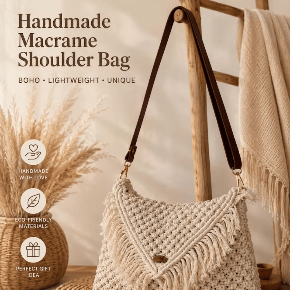 Handmade Macrame Shoulder Bag – Boho Fringe Crossbody Purse