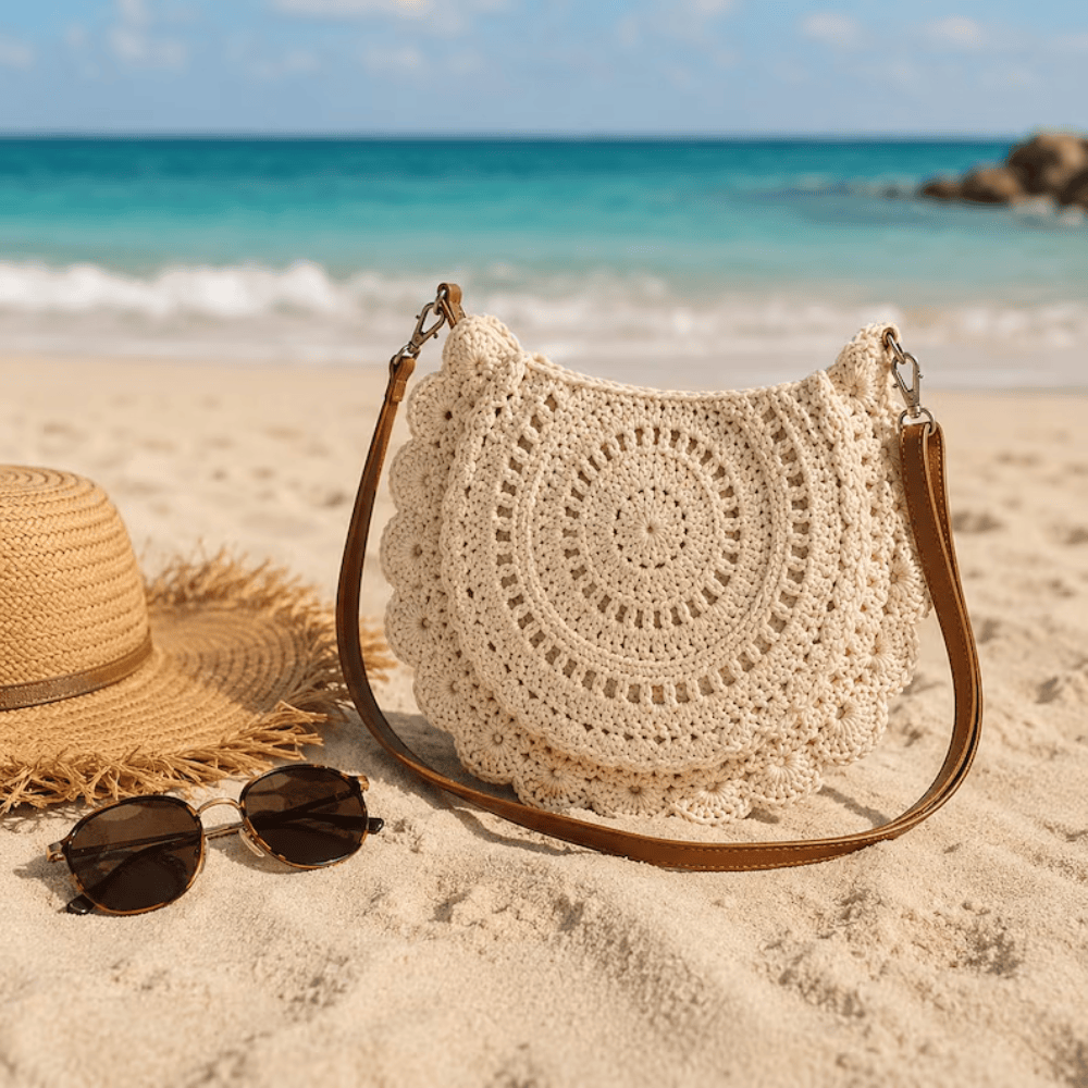 Handmade Crochet Crossbody Bag – Boho Summer Round Lace Purse with Adjustable Strap