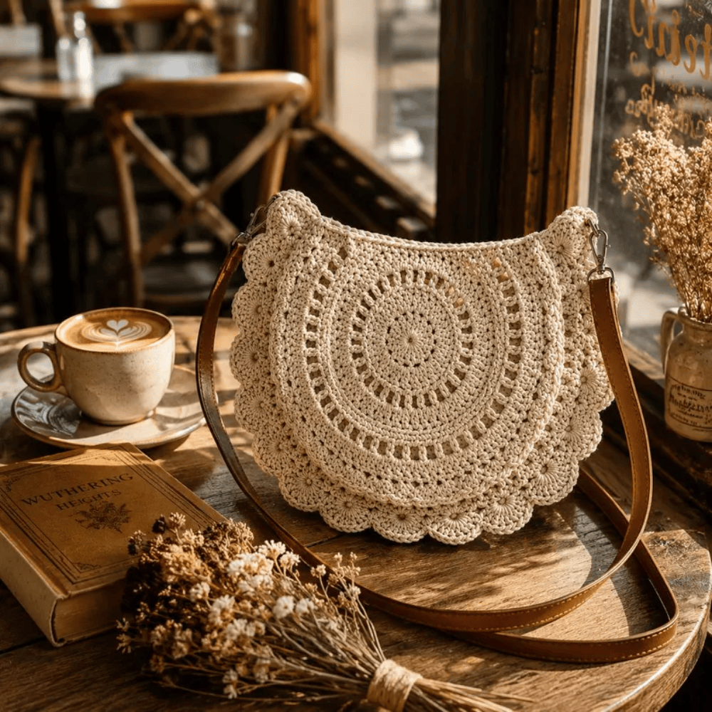 Handmade Crochet Crossbody Bag – Boho Summer Round Lace Purse with Adjustable Strap