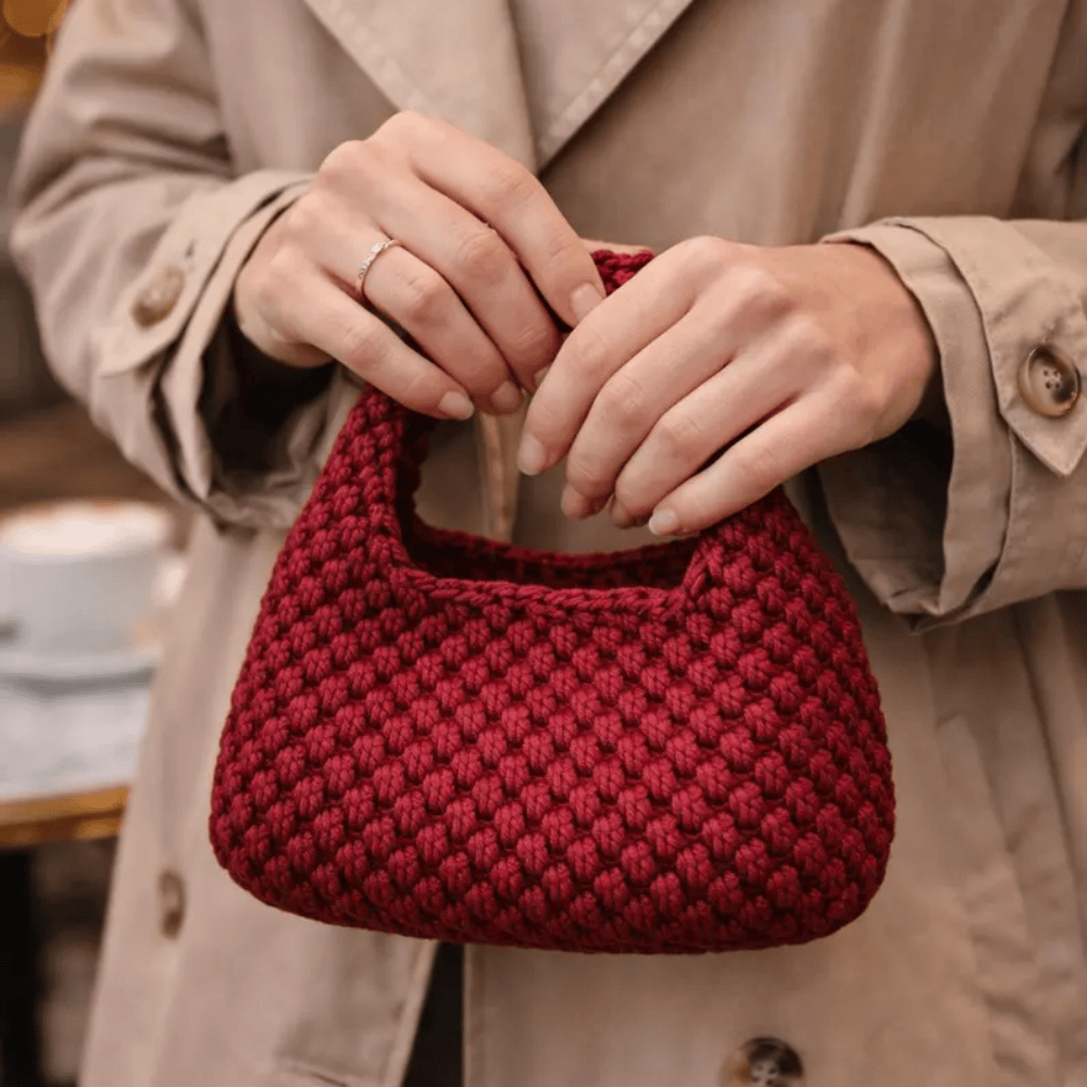 One-of-a-Kind Handmade Burgundy Crochet Mini Bag – Elegant Wine Red Knitted Purse