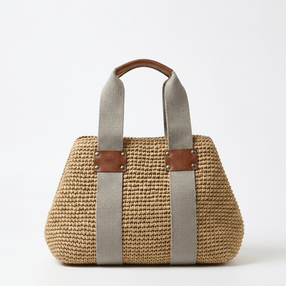 Handmade Raffia Crochet Tote – Chic Woven Summer Handbag with Leather Details
